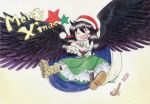  1girl bag black_hair black_wings blush candy candy_cane cape closed_eyes fumie_(mikan_to_mu_83) hat long_hair merry_christmas puffy_short_sleeves puffy_sleeves reiuji_utsuho santa_hat shoes short_sleeves smile socks solo star text touhou traditional_media wings 