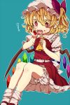  1girl ascot blonde_hair blood blood_on_face bloody_hands bow fangs flandre_scarlet hat highres open_mouth red_eyes retota ribbon short_hair side_ponytail solo star star-shaped_pupils symbol-shaped_pupils touhou wings 