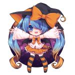  1girl bat_wings blue_eyes blue_hair bowtie chibi detached_sleeves gradient_hair hair_over_one_eye halloween hat hatsune_miku hikataso long_hair multicolored_hair open_mouth outstretched_arms skirt solo spread_arms striped striped_legwear thigh-highs twintails very_long_hair vocaloid wings witch_hat 