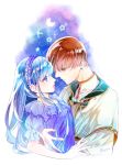  1boy 1girl ascot_(rayearth) blue_eyes blue_hair brown_hair couple crescent_moon earrings eye_contact green_eyes hairband hetero hug iyutani jewelry long_hair looking_at_another magic_knight_rayearth moon ryuuzaki_umi shawl shirt 