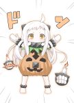 1girl ahoge alternate_costume fujishima_shinnosuke halloween horns jack-o&#039;-lantern kantai_collection long_hair looking_at_viewer mittens northern_ocean_hime outstretched_arms shinkaisei-kan spread_arms translation_request white_hair white_skin yellow_eyes 