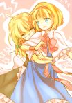  2girls alice_margatroid apron ascot blonde_hair blue_dress blue_eyes blush bow braid capelet couple dress hair_bow hairband hug hug_from_behind kirisame_marisa knora long_hair multiple_girls open_mouth sash short_hair side_braid touhou waist_apron yellow_eyes yuri 