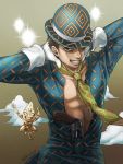  1boy bowler_hat brown_hair cosplay formal gloves grin guido_mista gun hat highres jojo_no_kimyou_na_bouken kira_yoshikage look-alike necktie poulp revolver sex_pistols_(stand) smile solo stand_(jojo) suit weapon 