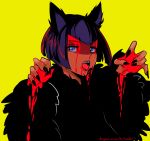  1girl animal_ears bangs black_hair blood blood_on_face blue_eyes bob_cut cat_ears dark_skin eliza_(skullgirls) fang fur_coat halloween kemonomimi_mode lips open_mouth short_hair skullgirls solo tongue xryuu yellow_background 