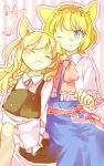  2girls alice_margatroid animal_ears apron ascot blonde_hair blue_dress blue_eyes braid capelet closed_eyes couple dress hairband highres kemonomimi_mode kirisame_marisa knora long_hair multiple_girls one_eye_closed short_hair side_braid smile touhou waist_apron 