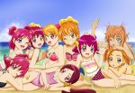  6+girls aida_mana aino_megumi beach bikini fuchi_(nightmare) hanasaki_tsubomi hoshizora_miyuki houjou_hibiki hyuuga_saki misumi_nagisa momozono_love multiple_girls precure sky swimsuit yumehara_nozomi 