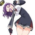  1girl blush dd_(ijigendd) glaive gloves halo head_tilt kantai_collection looking_at_viewer mechanical_halo open_mouth polearm purple_hair short_hair skirt smile solo tatsuta_(kantai_collection) thigh_gap violet_eyes weapon 