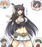  &gt;_&lt; ... :&lt; ahoge blue_eyes brown_hair chibi_inset cosplay fingerless_gloves flat_gaze fusou_(kantai_collection) garter_straps gloves green_hair headgear heart kantai_collection long_hair michishio_(kantai_collection) midriff mogami_(kantai_collection) nagato_(kantai_collection) nagato_(kantai_collection)_(cosplay) navel nokokopopo outstretched_hand red_eyes school_uniform serafuku shigure_(kantai_collection) short_hair skirt thigh-highs translation_request very_long_hair yamashiro_(kantai_collection) 