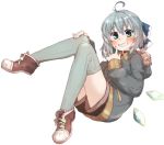  1girl ahoge alternate_costume amonitto bow casual cirno green_eyes grey_legwear grin hair_bow hooded_jacket ice ice_wings jacket looking_at_viewer over-kneehighs shorts silver_hair smile solo thigh-highs touhou wings winter_clothes 
