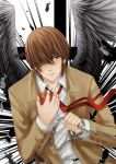  1boy apple black_wings brown_eyes brown_hair bust chain cuffs death_note feathered_wings feathers food formal fruit hair_over_one_eye handcuffs highres male necktie solo suit watermark web_address wings yagami_light yoneyu 
