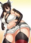  1girl angry bare_shoulders belly_grab big_belly breasts brown_hair gigantic_breasts highres kantai_collection long_hair looking_at_viewer nagato_(kantai_collection) navel plump red_eyes solo synecdoche thick_thighs thighs 