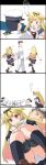  1boy 1girl 4koma ? admiral_(kantai_collection) blonde_hair blush comic dd_(ijigendd) gloves hair_ornament hair_ribbon hairclip hat highres kantai_collection long_hair messy_hair military military_uniform naval_uniform open_mouth panties pantyshot pantyshot_(squatting) red_eyes ribbon scarf school_uniform serafuku skirt squatting tied_up translated underwear uniform upskirt white_panties yuudachi_(kantai_collection) 