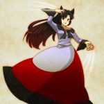  1girl animal_ears black_hair brooch brown_hair dress fingernails gradient_hair imaizumi_kagerou jewelry long_fingernails long_hair long_sleeves motion_lines multicolored_hair open_mouth red_eyes simple_background solo standing suzuki_natsume touhou werewolf wolf_ears 