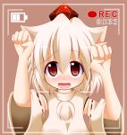  1girl absurdres animal_ears bare_shoulders blush breasts detached_sleeves hat highres inubashiri_momiji long_sleeves looking_at_viewer open_mouth paw_pose pom_pom_(clothes) recording red_eyes short_hair silver_hair solo tagme tokin_hat touhou wolf_ears yoshiki_(bom7728) 