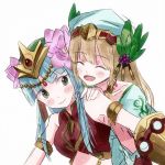  2girls armlet bare_shoulders beads berries blonde_hair blue_hair blush circlet closed_eyes flower freyja_(p&amp;d) green_eyes hair_flower hair_ornament hand_on_another&#039;s_shoulder hat jewelry leaf long_hair looking_at_another lotus midriff multiple_girls open_mouth parvati_(p&amp;d) puffy_short_sleeves puffy_sleeves puzzle_&amp;_dragons short_sleeves simple_background smile toki_(241759) white_background 