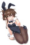  1girl animal_ears arm_support blush bowtie brown_eyes brown_hair bunny_tail bunnysuit dd_(ijigendd) detached_collar fishnet_pantyhose fishnets folded_ponytail hair_ornament inazuma_(kantai_collection) kantai_collection looking_at_viewer open_mouth pantyhose rabbit_ears seiza short_hair sitting solo tail wrist_cuffs 