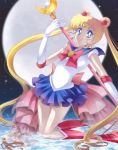  1girl bishoujo_senshi_sailor_moon bishoujo_senshi_sailor_moon_crystal blonde_hair blue_eyes blue_skirt boots choker circlet double_bun earrings elbow_gloves full_moon gloves gongitsune hair_ornament highres jewelry knee_boots kneeling long_hair looking_at_viewer moon moon_stick moonlight official_style pleated_skirt red_boots red_shoes sailor_collar sailor_moon shoes skirt smile solo staff tsukino_usagi twintails very_long_hair white_gloves 