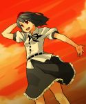 1girl black_hair blouse clouds cowboy_shot hand_in_hair hat neck_ribbon open_mouth outstretched_arm puffy_sleeves red_eyes ribbon shameimaru_aya short_hair skirt solo sunset suzuki_natsume tokin_hat touhou 