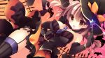  1girl :d bare_shoulders black_gloves black_legwear blush breasts brown_eyes brown_hair dutch_angle fushimi_rio garter_straps gloves halloween hat highres kami_no_ue_no_mahou_tsukai kisaragi_kiriha looking_at_viewer open_mouth skirt smile solo thigh-highs wand witch_hat 