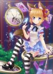  absurdres alice_in_wonderland animal_ears apron blonde_hair blue_eyes braid butterfly card cheshire_cat dog_ears dress elin_(tera) highres playing_card pocket_watch ribbon shoes short_hair sitting smile striped striped_legwear tail tera_online thigh-highs twin_braids wand watch 