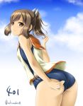  1girl akino_shin ass blush brown_eyes brown_hair character_name clouds cowboy_shot from_behind i-401_(kantai_collection) kantai_collection looking_back ponytail sailor_collar school_uniform short_hair sky solo swimsuit swimsuit_under_clothes twitter_username wet 