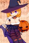  1girl bat blonde_hair boots bowtie breasts cleavage formal halloween hat jack-o&#039;-lantern large_breasts looking_at_viewer mikeseneko nail_polish necktie original pantyhose silk skirt solo spider_web star suit tongue violet_eyes witch witch_hat 
