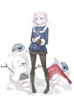  1girl animal_ears beanie black_legwear blue_eyes boots breath fur_trim hat highres jacket legwear_under_shorts mittens monster original pantyhose pigeon-toed short_hair short_shorts shorts sled snow snowman solo standing tokiti white_background 