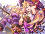  1girl :d blonde_hair bloomers blush breasts halftone halftone_background halloween hand_on_headwear hat jack-o&#039;-lantern kobanzame long_hair open_mouth original purple_legwear silk smile solo sparkle spider_web striped striped_legwear underwear violet_eyes witch_hat wrist_cuffs 