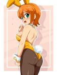  1girl alternate_costume animal_ears ass backless bare_shoulders blush breasts brown_legwear bunny_girl bunny_tail bunnysuit detached_collar dragon_collection embarrassed green_eyes konpeto large_breasts nabiko open_mouth orange_hair pantyhose rabbit_ears short_hair solo tail wrist_cuffs 