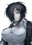  1girl black_hair breasts buttons cleavage collared_shirt dress_shirt gloves green_eyes hair_over_one_eye hetza_(hellshock) jacket large_breasts messy_hair nagai_gojitsudan_no_nechronica open_clothes open_jacket scar shirt short_hair simple_background solo white_background 