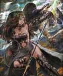  1girl arm_up armor armpits athena_(mythology) bare_shoulders bird blue_eyes boots breastplate breasts brown_hair cape choker cleavage gauntlets goddess greek_mythology hair_ornament head_wreath iwanai_tomoeju lance long_hair mythology open_mouth original owl polearm shield skirt solo thigh-highs thigh_boots weapon 