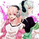  1boy 1girl blush breasts hand_on_headphones headphones large_breasts long_hair looking_at_viewer looking_back nitroplus off_shoulder open_mouth pink_eyes pink_hair red_eyes silver_hair smile super_sonico wavy_mouth 