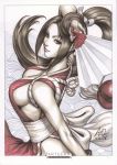  1girl arm_above_head arm_up breasts brown_eyes brown_hair closed_mouth fan fatal_fury female hand_up high_ponytail holding holding_fan king_of_fighters long_hair nail_polish ponytail sash shiranui_mai sideboob signature sleeveless snk solo stanley_lau traditional_media 