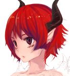  1girl close-up demon_girl face horns lips original pointy_ears redhead short_hair simple_background solo teroru violet_eyes 