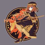  1girl adapted_costume blue_eyes brown_hair capelet cross dress eva_beatrice halloween happy_halloween hat hiragi_rin jack-o&#039;-lantern skull smile staff umineko_no_naku_koro_ni 