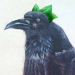  beak black_feathers bow fumie_(mikan_to_mu_83) green_bow lowres photorealistic raven_(animal) reiuji_utsuho reiuji_utsuho_(bird) solo touhou traditional_media white_background 