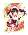  1girl :d animal_ears black_hair garter_straps looking_at_viewer love_live!_school_idol_project maid open_mouth rabbit_ears red_eyes short_hair smile solo spoon_1122 thigh-highs twintails yazawa_nico 