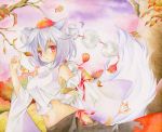  1girl animal_ears bare_shoulders blush breasts chinako detached_sleeves hat inubashiri_momiji long_sleeves looking_at_viewer midriff nature navel pom_pom_(clothes) red_eyes short_hair silver_hair solo tail tokin_hat touhou tree wolf_ears wolf_tail 