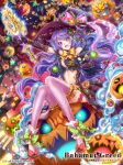  1girl bahamut_greed center_opening crotalaria halloween hat jack-o&#039;-lantern long_hair official_art original purple_hair solo thigh-highs violet_eyes witch witch_hat 