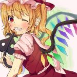  1girl ascot blonde_hair bow flandre_scarlet food food_on_face grin hat laevatein one_eye_closed pastry red_eyes retota ribbon sharp_teeth short_hair side_ponytail smile solo touhou wings 