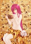  1girl abstract_background bodysuit breasts covered_navel elfen_lied hair_over_one_eye highres horns long_hair long_sleeves lucy music_box red_eyes redhead sitting skull solo very_long_hair yoneyu 