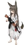  1girl ak-47 animal_ears artist_request assault_rifle barefoot battle_scarred black_hair child cuts dress green_eyes gun highres injury long_hair rifle source_request tail tears torn_clothes torn_dress weapon 