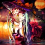  1girl aka_tonbo_(lililil) animal_ears aqua_eyes aqua_hair bandages bell bow candy cat_ears cat_tail dress hair_bell hair_ornament halloween hat hatsune_miku lollipop long_hair looking_at_viewer solo squatting striped striped_legwear tail tattoo thigh-highs trick_or_treat twintails very_long_hair vocaloid witch_hat 