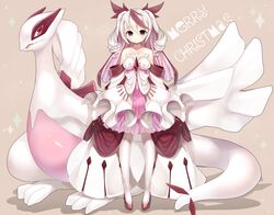  1girl bare_shoulders dress drill_hair frilled_dress frills kuro_guren lugia merry_christmas moemon multicolored_hair personification pokemon pokemon_(creature) pokemon_(game) smile twin_drills two-tone_hair veil white_hair white_legwear 