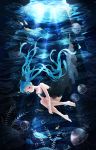  1girl aqua_eyes aqua_hair barefoot cave dress fish floating_hair hatsune_miku highres iji_(u_mayday) jellyfish long_hair shinkai_shoujo_(vocaloid) solo twintails underwater very_long_hair vocaloid 