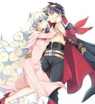  1boy 1girl black_eyes black_hair cape couple dress hetero hug long_hair looking_at_another nia_teppelin pink_dress simon simple_background smile soranagi symbol-shaped_pupils tengen_toppa_gurren_lagann white_background white_hair 