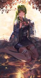  1girl floral_print frog_hair_ornament green_eyes green_hair hair_ornament highres japanese_clothes kimono kishiyo kochiya_sanae long_hair long_sleeves obi revision sash sitting snake_hair_ornament solo thigh_strap touhou wide_sleeves 