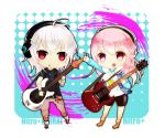  1boy 1girl badge breasts chibi electric_guitar guitar headphones instrument large_breasts long_hair nitroplus open_mouth pink_hair plectrum red_eyes silver_hair smile super_sonico 