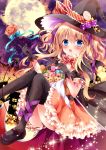  1girl basket bat_wings black_gloves black_legwear blonde_hair blue_eyes bow candy demon_tail full_moon gloves hair_bow hair_ribbon halloween hat holding jack-o&#039;-lantern lollipop looking_at_viewer mary_janes moon nogi_takayoshi original ribbon shoes solo tail thigh-highs two_side_up wand wings witch_hat 