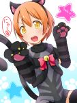  1girl animal_costume animal_ears bell bow cat_costume cat_ears cat_tail fake_animal_ears gloves highres hoshizora_rin light_brown_hair looking_at_viewer love_live!_school_idol_project makuran open_mouth paw_gloves solo tail yellow_eyes 